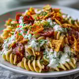 Taco Pasta Salad with Doritos and Avocado Ranch - a vibrant mix of pasta, crunchy Doritos, and creamy avocado ranch dressing.  
