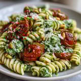 A colorful summer pasta salad with pesto and cherry tomatoes, perfect for picnics and light lunches.  