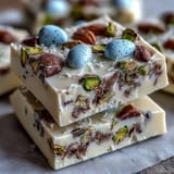 Delightful white chocolate bark featuring colorful Easter eggs and nutty pistachios, ideal for festive holiday gatherings.