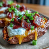 Golden-baked sweet potato skins filled with sharp cheddar, crispy bacon, and creamy sour cream—a crowd-pleasing snack.