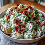 A vibrant bowl of Memorial Day Potato Salad with Dill and Bacon, featuring crunchy celery and tangy mustard dressing.