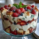 Red White Blue Berry Trifle with angel food cake, a festive berry layered dessert.