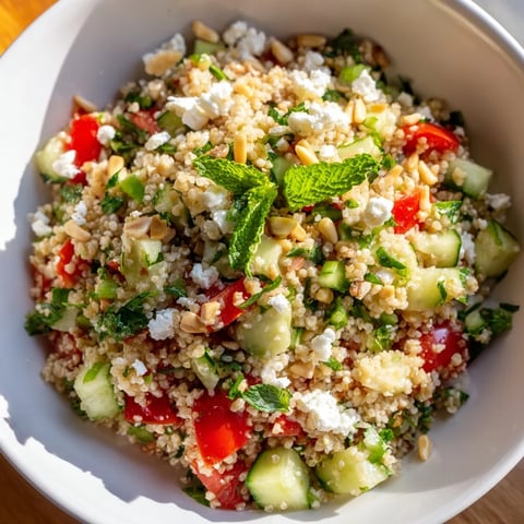 Bright, colorful tabbouleh grain bowl with fresh herbs and a zesty lemon dressing, ready to eat!