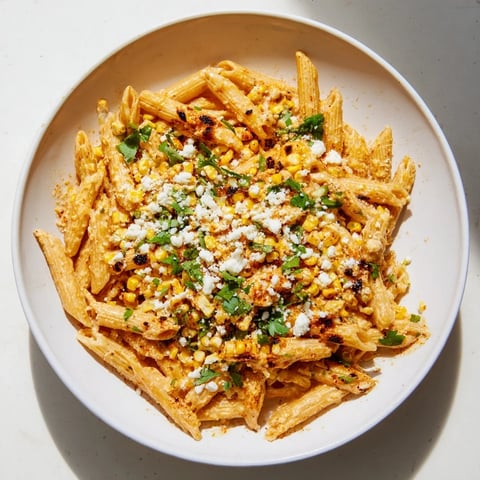 Mexican Street Corn Pasta served in a white bowl, garnished with crumbled cotija cheese, fresh cilantro, and a lime wedge.