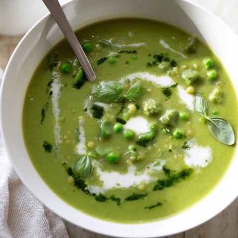 A vibrant bowl of Courgette, Pea and Pesto Soup garnished with fresh basil and a swirl of creamy pesto.
