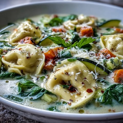 Creamy Vegetable Tortellini Soup in a rustic bowl, showcasing vibrant carrots, spinach, and cheesy tortellini in a rich, creamy broth.