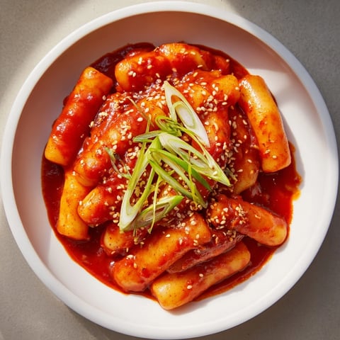 Glossy Korean tteokbokki steams in a spicy gochujang sauce, garnished with green onions and sesame seeds.
