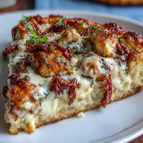 Golden, crispy-crust Marry Me Chicken Pizza topped with creamy herb chicken, melted mozzarella, and vibrant sun-dried tomatoes.