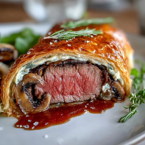 Golden, flaky puff pastry encasing a perfectly seared Beef Wellington on a rustic wooden board.