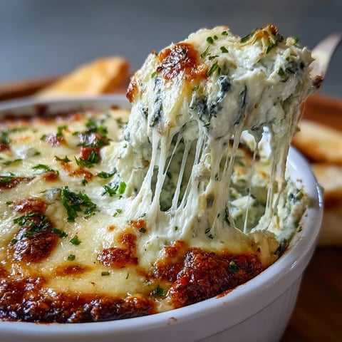 Freshly baked spinach artichoke dip in a white dish, bubbling with golden-brown cheese and served with crunchy tortilla chips.