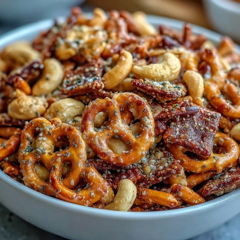 Golden-brown Everything Ranch Cheese and Pretzel Snack Mix with cashews and rye chips piled high on a serving platter.