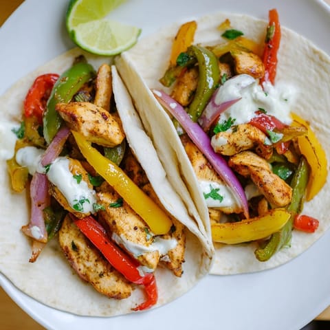 Close-up of Chicken Fajitas, warm tortillas, creamy lime sauce, and fresh cilantro garnish.