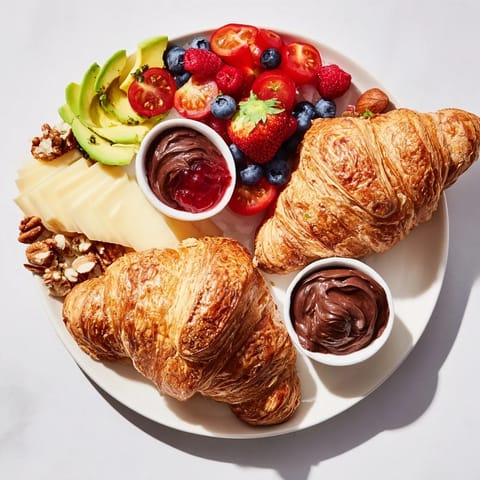 A beautifully arranged Cozy Fireplace Croissant Board featuring warm croissants, jam, and nuts, ready to enjoy.