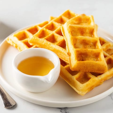 Crispy waffle quarters beside a bowl of warm, glistening syrup, perfect for dipping and sharing.