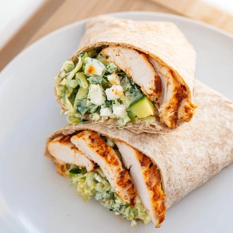 Textured wrap revealing juicy sliced chicken and the colorful fresh salad of Green Goddess Chicken Wraps.