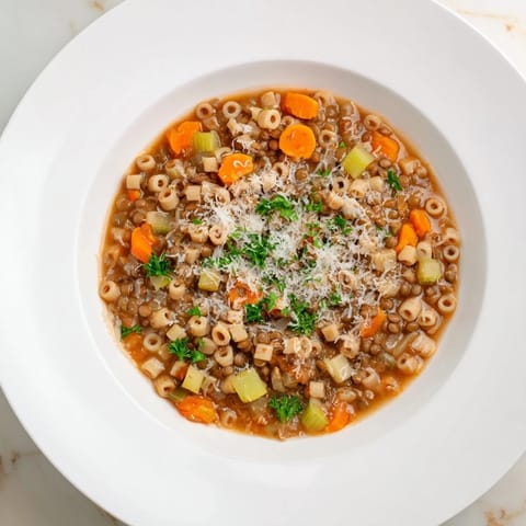 A warm, hearty bowl of Ditalini and Lentil Soup, garnished with fresh parsley for serving.