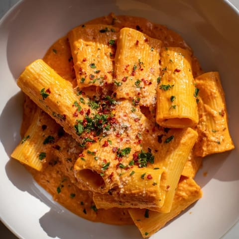 A steaming bowl of Gigi Hadid-Style Spicy Rigatoni, creamy tomato sauce coating the pasta.