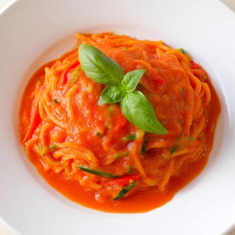 A steaming bowl of Veggie-Loaded Tomato Pasta Sauce, thick and bright red, over spaghetti.