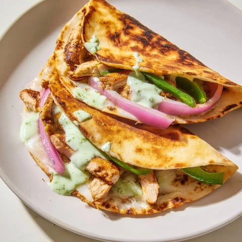 A close-up view of a flavorful Tandoori Chicken Quesadilla, ready to be sliced and enjoyed.