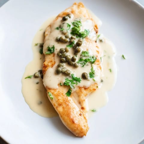 Golden, pan-fried Creamy Chicken Piccata breasts simmering in a bright lemon and caper sauce, garnished with fresh parsley.