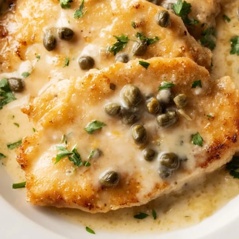 A skillet of Creamy Chicken Piccata next to pasta, with creamy sauce pooling and capers adding tangy bursts.