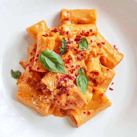 Spicy rigatoni pasta in a rich, creamy sauce served in a shallow bowl with extra cheese on top.  