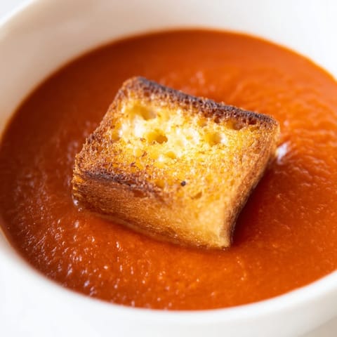 Caramelized roasted tomatoes blended into a velvety soup, topped with crispy, golden grilled cheese croutons for dipping.
