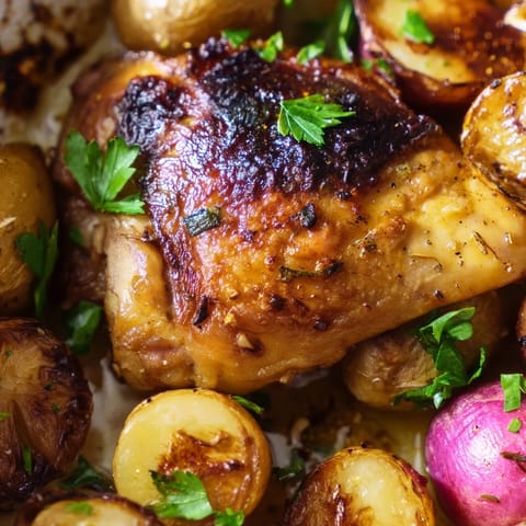 Juicy, oven-roasted chicken thighs alongside caramelized potatoes and sweet roasted radishes in the Roasted Radish & Chicken Sheet Pan dinner, drizzled with bright lemon.