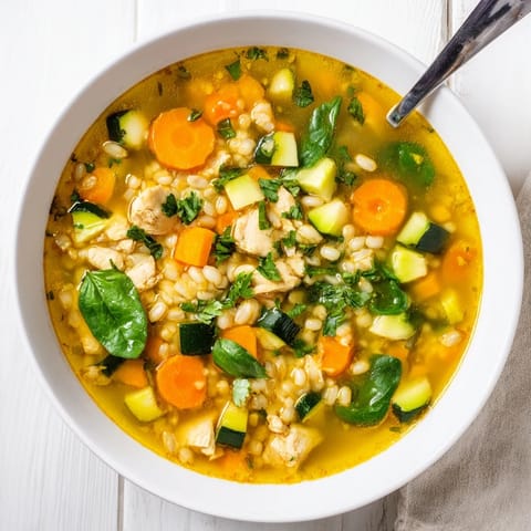 Tender chicken and pearl barley swim in a bright, golden-hued Soothing Turmeric Chicken With Pearl Barley broth.