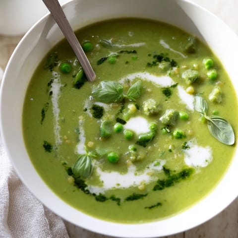 A vibrant bowl of Courgette, Pea and Pesto Soup garnished with fresh basil and a swirl of creamy pesto.