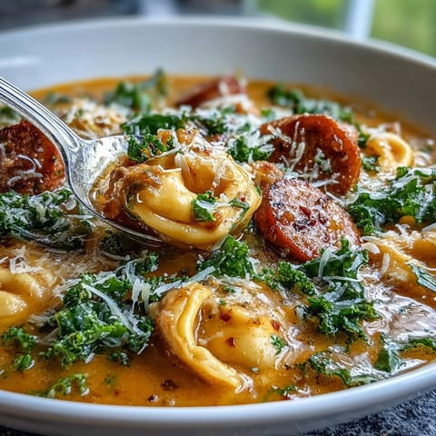 Creamy Pumpkin Tortellini Soup with chicken sausage and kale served steaming hot in a rustic bowl.