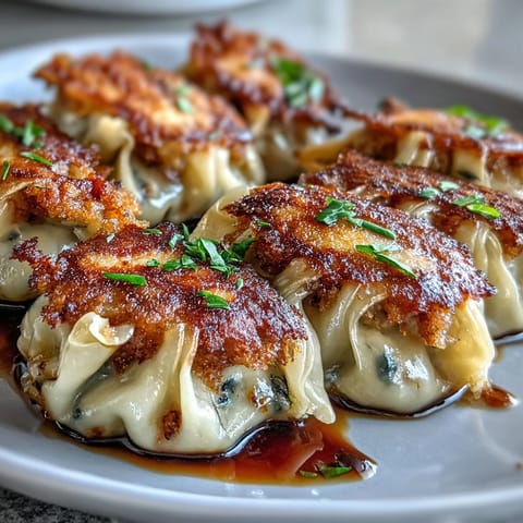 Golden-brown smash dumplings sizzling in a skillet, with crispy bottoms and a side of spicy dipping sauce.