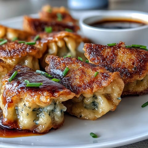 A close-up of smash dumplings on a plate, showcasing their pan-fried texture next to chopsticks.