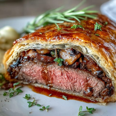 Sliced Beef Wellington revealing tender fillet and mushroom duxelles, served with red wine sauce.