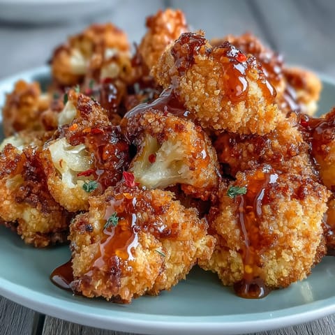 Sizzling baked cauliflower florets coated in crispy panko crumbs, drizzled with homemade hot honey.