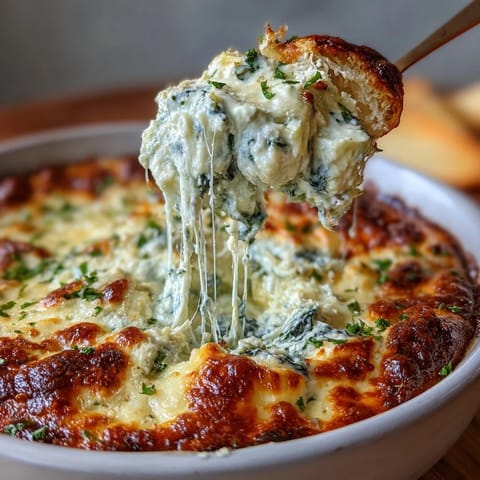 Creamy spinach artichoke dip with tender green spinach and artichoke hearts, ready to be scooped up with sliced baguette.