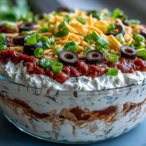 A party-ready 4 layered dip featuring creamy sour cream and cream cheese layered over cumin-spiced beans and salsa.