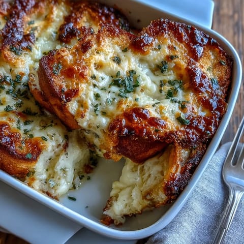 Gooey, melted cheese topping on a savory Croque Monsieur Casserole ready to serve.