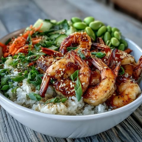 Tender grilled shrimp atop jasmine rice in an Asian Shrimp Bowl, with crisp veggies and a drizzle of tangy ginger-sesame dressing.