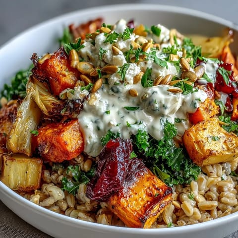 Fork tender roasted carrots and sweet potato top a warm bowl of the Hearty Winter Grain Bowl with sautéed kale.