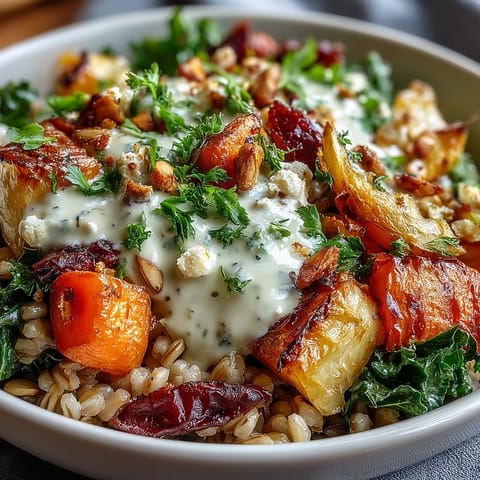 Close-up of the Hearty Winter Grain Bowl showcasing toasted pumpkin seeds, crumbled feta, and a creamy drizzle of tahini dressing.