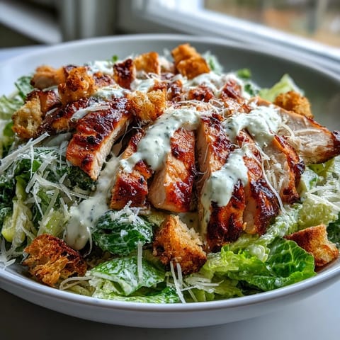 Freshly grilled chicken breast slices rest on a bed of crisp romaine lettuce for this Caesar Chicken Bowl, topped with crunchy croutons and shaved parmesan cheese.