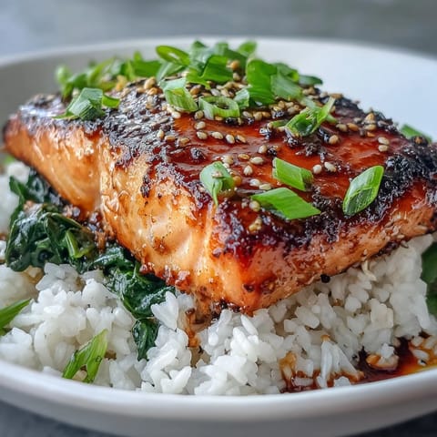 A close-up of the Miso Glazed Salmon Bowl showing caramelized salmon glistening over fluffy jasmine rice and vibrant sautéed spinach.