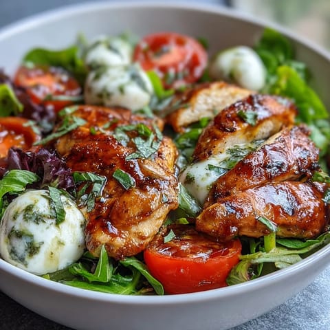 Juicy grilled chicken, mozzarella, and tomatoes in a Caprese Chicken Bowl, drizzled with balsamic glaze over fresh greens.
