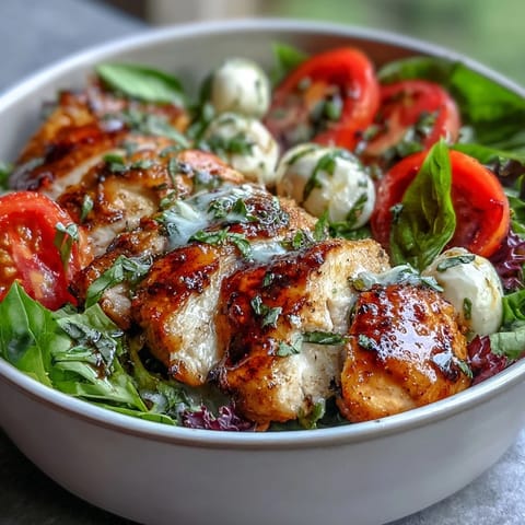 Sliced grilled Caprese Chicken Bowl with creamy mozzarella, ripe tomatoes, and basil, served with olive oil and balsamic reduction.