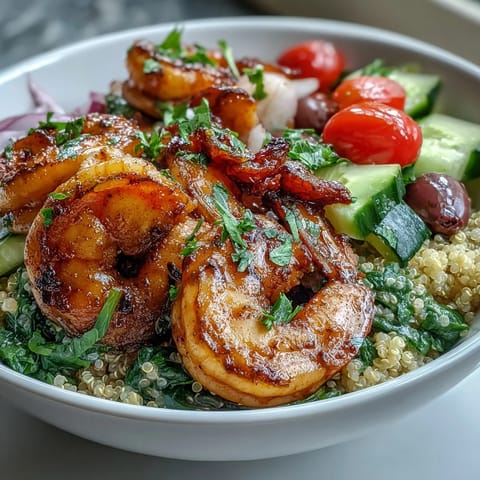 A close-up of Mediterranean Shrimp Bowl with pink shrimp, quinoa, and colorful veggies drizzled with creamy tahini sauce.