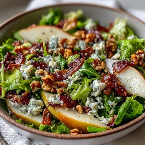 Frisée Pear Blue Cheese Bowl with crispy prosciutto crumbles and toasted walnuts on a white plate.