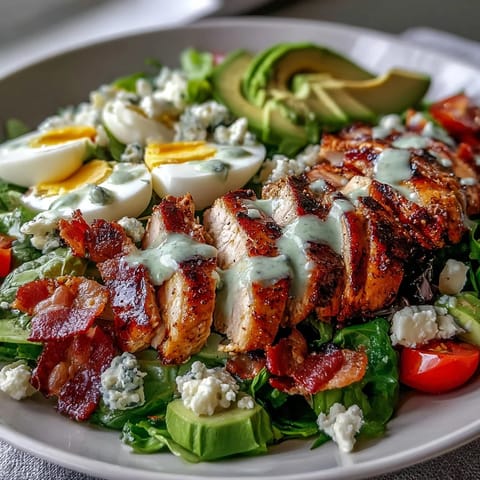 Colorful Cobb Salad Bowl arranged with tomatoes, hard-boiled egg quarters, and blue cheese crumbles over a bed of fresh mixed greens.