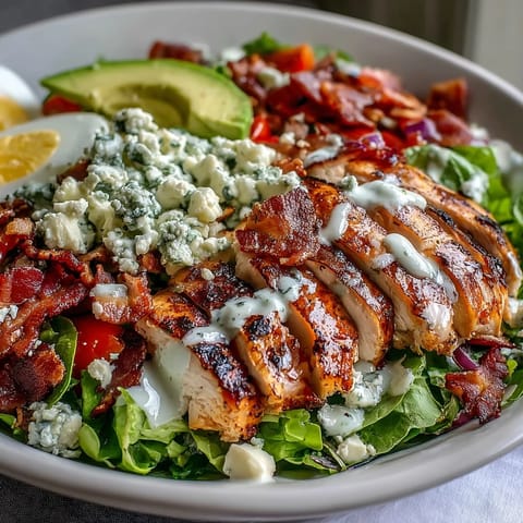 Fresh Cobb Salad Bowl with grilled chicken, crisp bacon, creamy avocado, and tangy blue cheese on chilled greens, topped with ranch dressing.