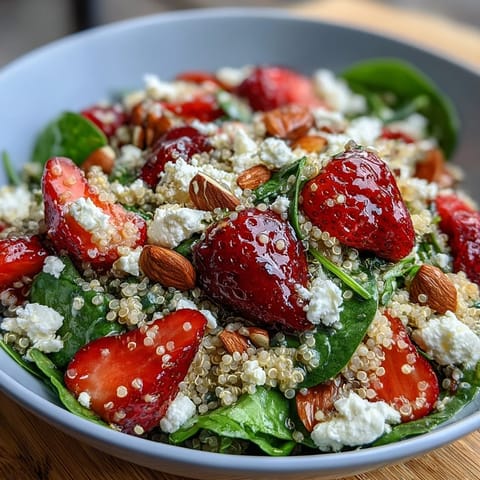 Fresh strawberry feta quinoa salad with balsamic dressing, packed with juicy berries and creamy cheese.  